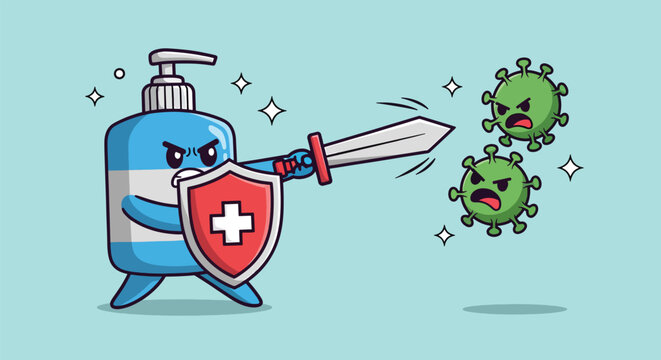 Hand sanitizer character fighting against coronavirus germs with sword and shield.