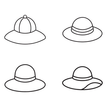 Line drawing of various hats with different brims and tops  simple black outline illustrations of four distinct hat styles