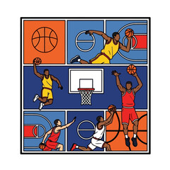 Dynamic Basketball Players in Action: Slam Dunk, Jump Shot, Dribbling - Graphic Illustration © Maxim