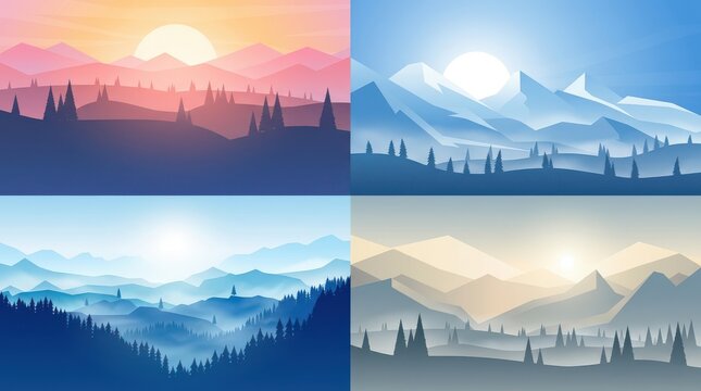 Set of Four Minimalist Polygonal Mountain Landscape Banners, Pink Orange Blue Beige Gradient Sunrise Clouds, Flat Nature Wallpaper Vector Design