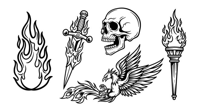 Black and white vector illustrations of fire flames skull sword and phoenix
