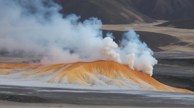 A boiling mud volcano in the geothermal landscape of an Iceland national park releases hot steam and volcanic smoke during a thermal eruption under the Icelandic sky