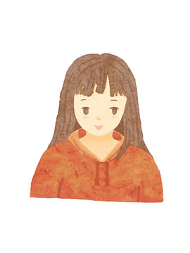 白バックにオレンジ色のパーカーを着た上半身の女性イラスト