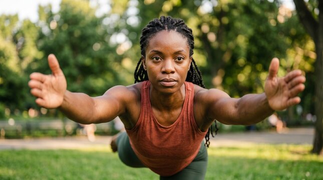 Athletic african american woman practicing balance yoga pose in green park focusing on strength and concentration during outdoor fitness training and healthy lifestyle morning workout.