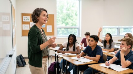 Fototapeta premium Professional female teacher explaining lesson to diverse group of high school students in classroom. Education, learning, and academic mentorship concept. Interactive school class.