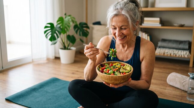 Smiling mature woman sitting on yoga mat and eating healthy green salad at home. Mindful eating and active longevity concept. Elderly female enjoying organic meal after fitness exercise.