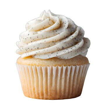 Delicious vanilla cupcake with white poppyseed frosting on top