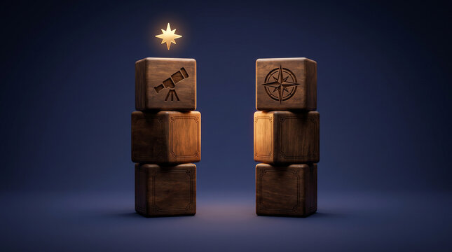 Two tall wooden cube stacks with telescope and compass icons on a deep indigo background, representing corporate vision and mission concepts.