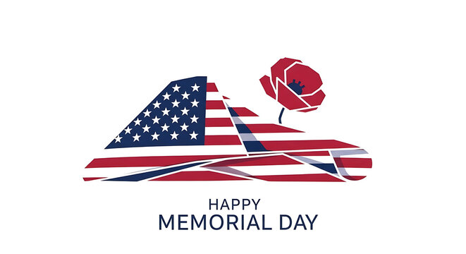 Airplane silhouette filled with American flag pattern and a red poppy, commemorating Memorial Day, remembrance, veteran honor, patriotism, solemn celebration