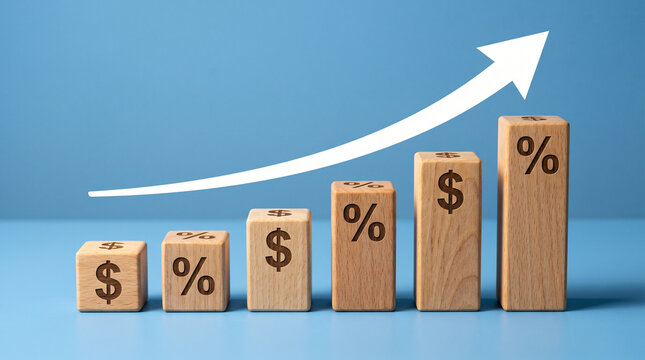 Wooden cubes of ascending heights forming a bar chart with a rising arrow, representing financial growth and profit on a blue background.