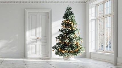 Fototapeta premium Elegant Christmas tree with golden lights in bright white living room interior, classic doors and large window, festive holiday background with copy space.