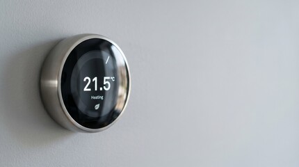 Fototapeta premium Smart home thermostat showing 21.5 degrees Celsius on wall. Energy saving heating system with eco leaf icon. Modern digital climate control for sustainable indoor temperature management.