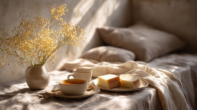 Soft rays of morning light illuminate a cozy nook with a cup of coffee, slices of cake, and a vase of delicate yellow flowers, inviting warmth and comfort