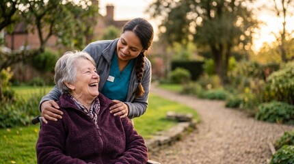 Fototapeta premium Smiling female caregiver supporting happy elderly woman in wheelchair at autumn park. Professional geriatric nurse or social worker assisting senior patient during outdoor walk.