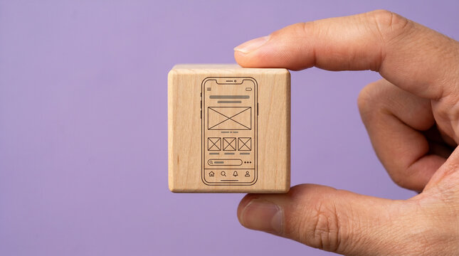 Wooden cube with a mobile wireframe screen icon held by hand on a soft purple-lavender background, symbolizing UX design and prototyping.