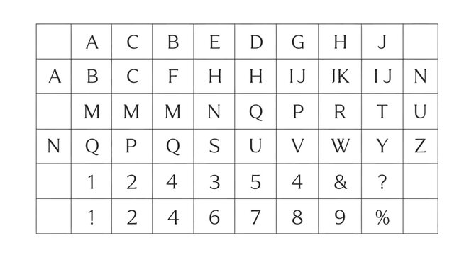 Alphabet and number grid isolated on white background for education and design