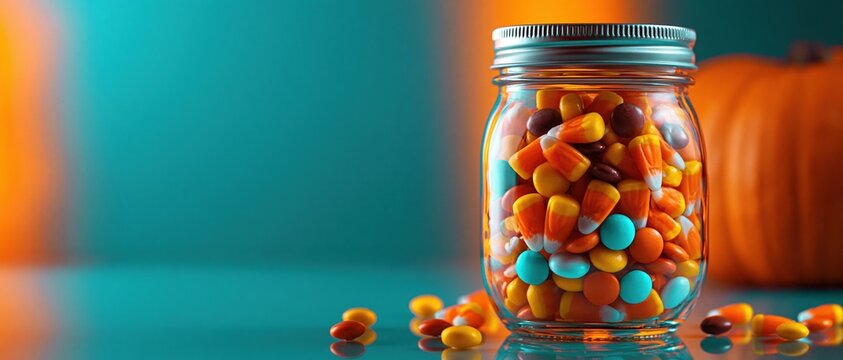 Halloween candy corn and colorful sweets in a glass jar on teal background with pumpkin and copy space for seasonal banner or holiday advertising.