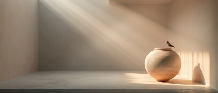 Minimalist room with large clay pot and small bird in warm sunlight, soft shadows and wide empty copy space for modern design or advertising concepts.