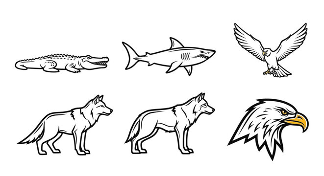 Line art illustrations of various animals crocodile shark eagle wolf designs
