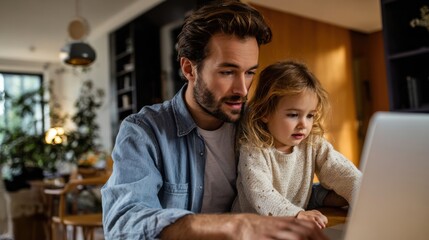 Fototapeta premium A father working from home with young daughter on his lap