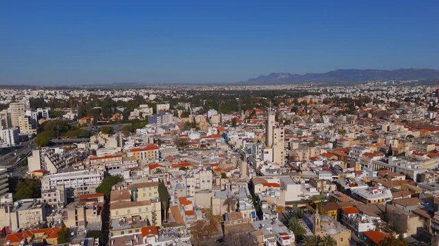 Orbiting Aerial View of Historic Nicosia Old Town with Shacolas Tower Landmark