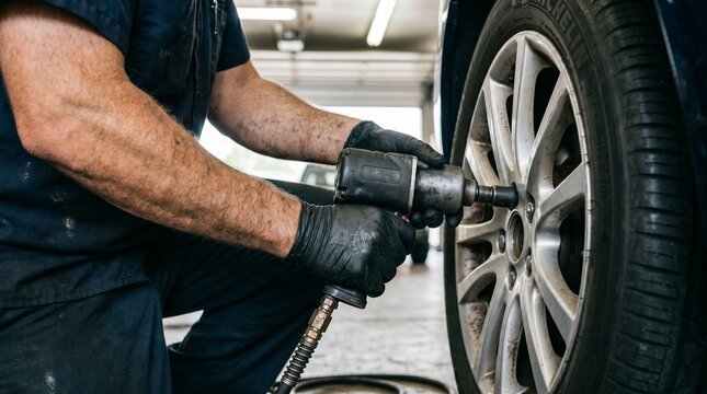 Close up of mechanic using pneumatic impact wrench to change car tire in workshop, professional auto service, wheel replacement, maintenance and repair garage