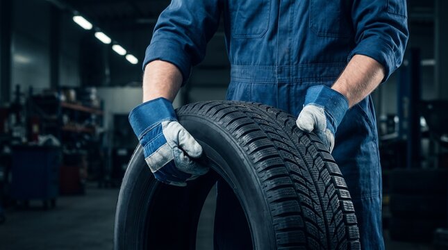 Mechanic in blue uniform and protective gloves holding new winter tire in professional car service center, tire replacement and seasonal vehicle maintenance concept