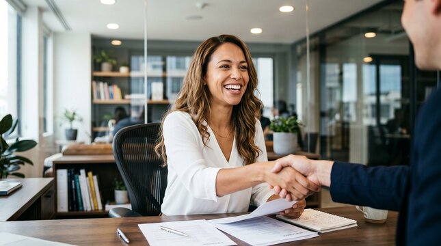 Successful businesswoman laughing while shaking hands with colleague at desk, female employer welcoming new hire with handshake after job interview in professional office setting.