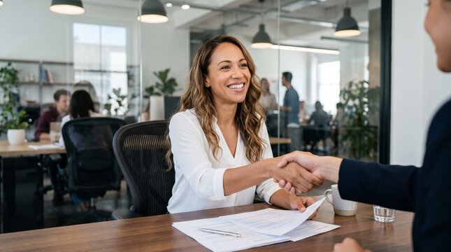Confident businesswoman smiling and shaking hands with partner at desk in creative office, successful contract signing and human resources recruitment process concept