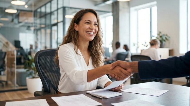 Portrait of happy businesswoman shaking hands with recruiter in office after successful interview, career growth and professional corporate hiring process concept
