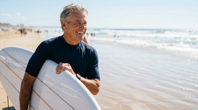 Smiling senior man walking on sandy beach carrying surfboard. Active mature male surfer enjoying morning workout by the ocean. Healthy lifestyle, retirement and summer travel concept.