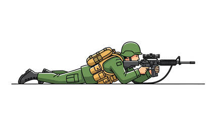 A cartoon illustration depicts a soldier lying prone aiming an assault rifle with precision © grvect02