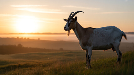 Naklejka premium Goat standing in a field during sunset with mountains in the background