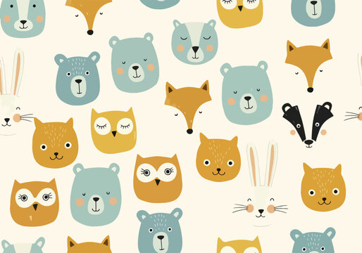 Soft toned animal face pattern ideal for baby blankets and nursery prints
