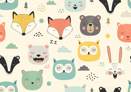 Cartoon animal face pattern bringing warmth and fun to kids environments