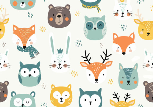 Sweet and friendly animal face pattern designed for nursery and baby items