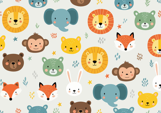 Fun animal faces arranged in seamless pattern for kids themed products