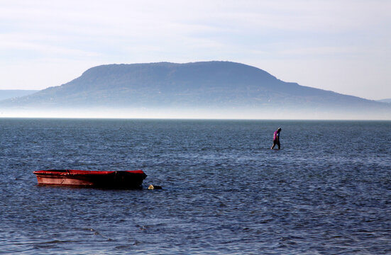 Lake Balaton, with volcanic basalt in the background, Badacsony mountains