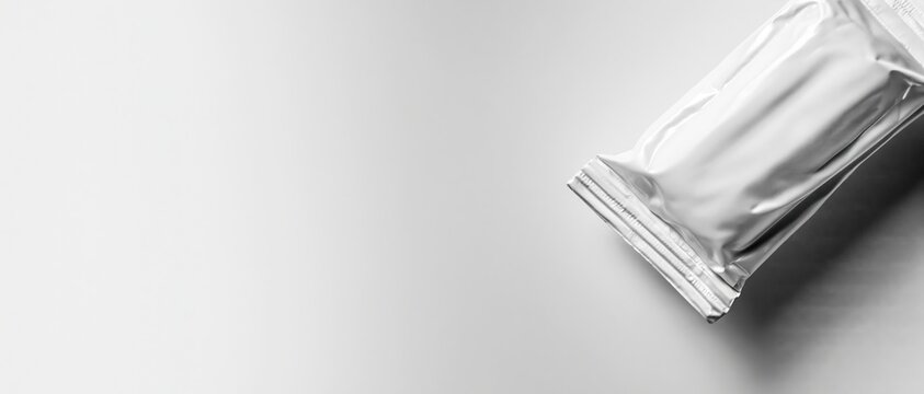 Silver foil snack bar packaging on light grey background with copy space, ideal mockup for branding, product design, advertising, and marketing visuals.