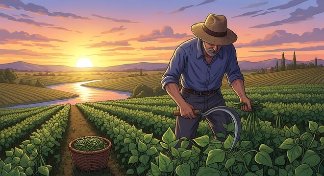 Farmer Harvest at Sunset. (1)
