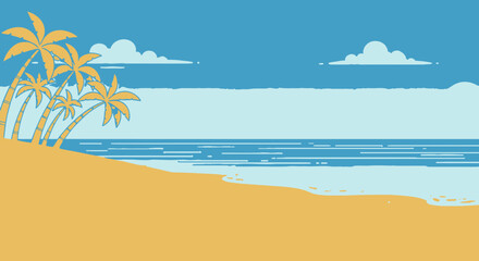 Obraz premium Beach scene illustration palm trees sky and seaside summer vacation