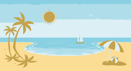 Obraz premium Beach scene with sailboat and palm trees illustration for summer vacation