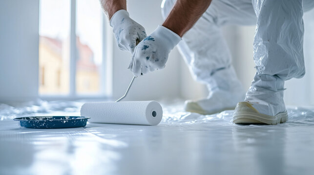 Professional painter hands applying white paint  with roller, paint tray, protective sheet on floor, bright natural light, authentic work atmosphere, professional stock photo