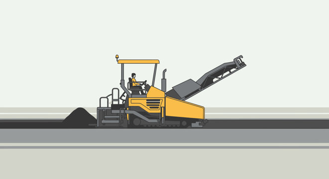 Road construction equipment working on asphalt surface vector illustration