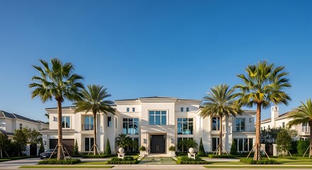 Fototapeta premium Luxurious modern house with palm trees in a tropical setting with clear blue sky