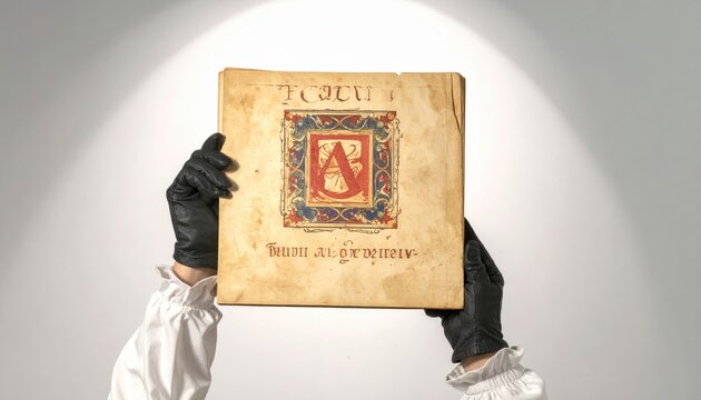 Ancient vellum manuscript page with hand-painted initial letter A and ornate border, held by gloved hands