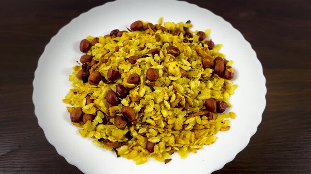 Indian Poha Chivda snack with roasted peanuts, savory flattened rice flakes on white plate, traditional spicy namkeen appetizer