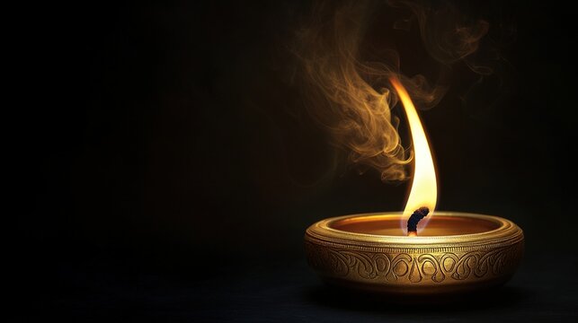 diya. A traditional brass oil lamp glowing warmly, reflecting intricate patterns and creating a festive atmosphere. event programs.