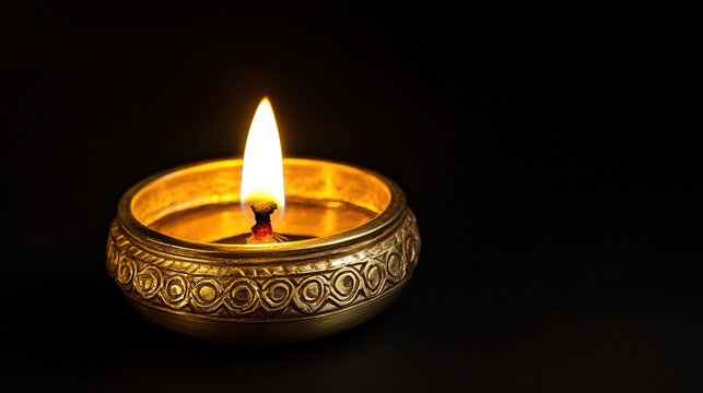 diya. A traditional brass oil lamp glowing warmly, reflecting intricate patterns and creating a festive atmosphere. event programs.