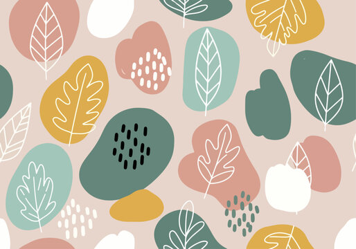 Decorative seamless design with hand-drawn leaves and organic abstract details